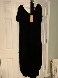 NEW NWT Grecelle Casual Loose Long Pocket Split Maxi Black Dress Black SZ XL - Picture 1 of 9