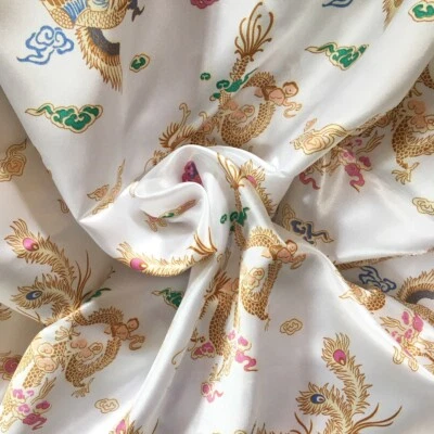 White faux silk satin fabric with gold dragons, 4 Yds x 59",  Elegant! - Image 1 of 4