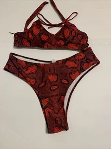 ZAFUL Snakeskin Print Bikini Wrap Top Set Red - size 1XL - Picture 1 of 3