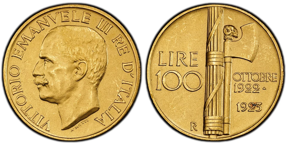 ITALY. Vittorio Emanuele III 1923-R AV 100 Lire. PCGS MS63 Matte Gigante 7 - Image 1 of 1