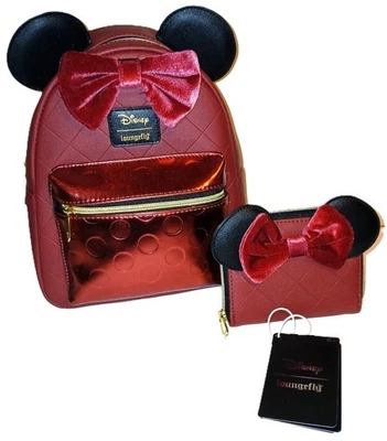 Minnie Mouse Burgundy Velvet Bow Mini Loungefly Backpack and Wallet ***SET*** - Image 1 of 4