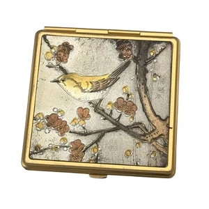 Vintage Gold Kompakt Spiegel Chokin Kunst Japanischer Vogel & Kirschblüten Design - Bild 1 von 5