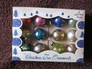 SHINY BRITE 12 MERCURY GLASS MINIATURE CHRISTMAS TREE ORNAMENTS IN BOX, JAPAN - Picture 1 of 16