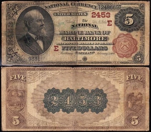 Nice *RARE* 1882 $5 BALTIMORE, MD Brownback National Banknote! FREE SHIPPING! - Picture 1 of 3