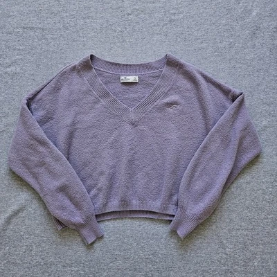 Hollister Womens Cozy Purple Cropped Relaxed Boxy Fit Balloon Sleeves V-Neck S - Image 1 of 4