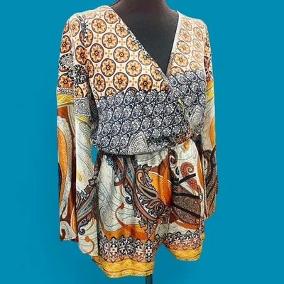 Mameluco satinado cachemir mantecoso manga campana cuentas negras hippie hadas bohemias 3/4 M Foto 1 de 4