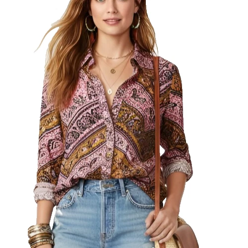 Anthropologie Farm Rio Shirt Womens L Pink Paisley Bandana Print Button Up - Image 1 of 4
