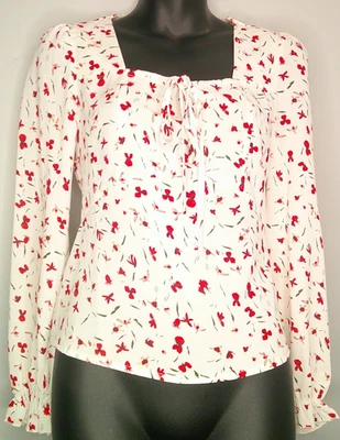 Allegra K Floral Smocked Pesant Blouse Long Sleeve White with Red Flowers Square - Image 1 of 4