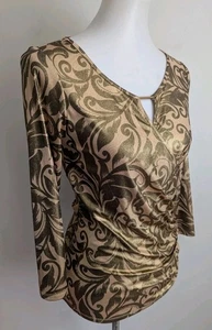 INC International Concepts Metallic Gold Slinky Wrap Top Date Night Blouse S - Picture 1 of 12