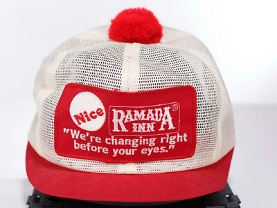 Trucker Hat Snap Back with Pom Pom 1980 Ramada Inn Vintage Short Bill Full Mesh - Image 1 of 4
