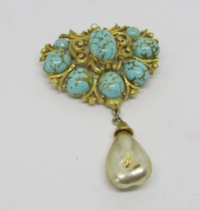 CAPRI faux Turquoise & Pearl Cabachons Goldtone Drop Dangle Vintage Stunning - Picture 1 of 9