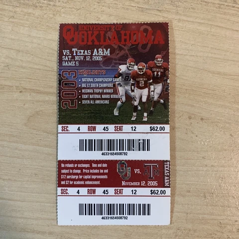 2005 Oklahoma Sooners Aggies Texas A&M Football Ticket Stub OU Norman Cover