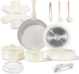 Ceramic Nonstick Pots and Pans Set 19 Piece with Detachable Handle, Induction - Picture 1 of 12