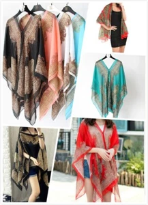 WHOLESALE BULK LOT 10 MIXED COLOUR Chiffon Kimono Cape Kaftan Poncho Top sw093 - Picture 1 of 14