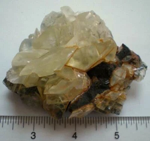 Yellow Calcite Crystal Cluster, Lenticular, Mercedes type with Stibnite xt224 - Picture 1 of 6