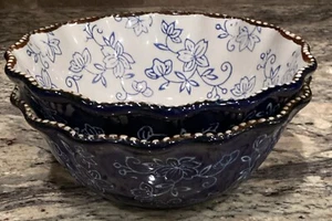 2 TEMPTATIONS BY TARA BLUE FLORAL LACE RUFFLED W DOTS SOUP BOWLS 6 3/4”D Ex Cond - Picture 1 of 5