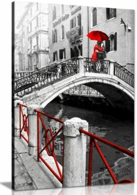 Black & White Red Painting Venice Romantic Canvas Wall Art Picture Print - Image 1 of 4