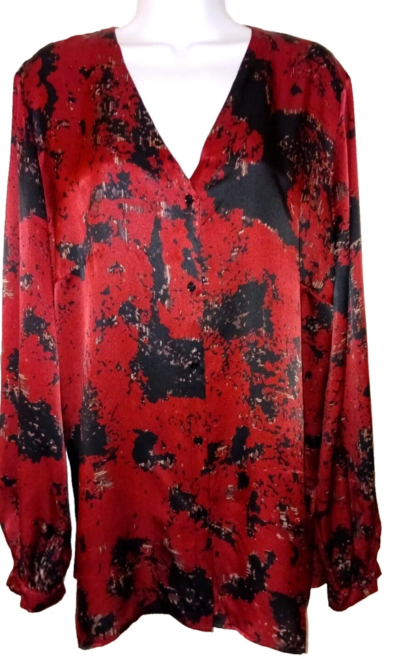 Blusa PER TE BY KRIZIA 18W Roja con Estampado Negro Manga Larga Cuello en V 100% Seda Foto 1 de 4