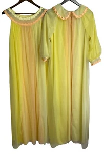 Vintage 60s Chevette Pegnoir Set Womens Small Chiffon Satin Trim Nightgown Robe - Picture 1 of 21