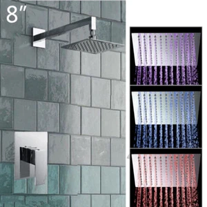 Juego de grifo mezclador de válvulas mezcladoras de brazo de control de ducha de lluvia LED de baño de 8" montaje en pared - Imagen 1 de 9