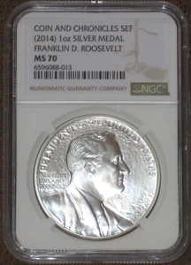 2014 argento 1 oz medaglia Franklin D. Roosevelt moneta e cronache set NGC grado MS70 - Foto 1 di 3