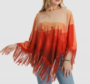 Montana West American Bling Cowgirl on a Horse Sunset Shawl Women Fringe Poncho - Picture 1 of 9