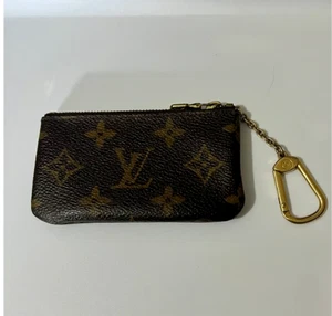LOUIS VUITTON LV MONOGRAM LEATHER COIN PURSE GOLD ZIPPER WALLET KEYCHAIN USED - Picture 1 of 5