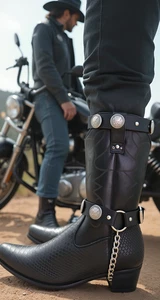 New Men Boots Silver Chain Black Faux Leather 2 Straps American Eagle Charms - Picture 1 of 24