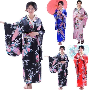 Womens Printed Japanese Kimono Satin Robe Yukata Geisha Costume Cosplay Outfit▫ - Picture 1 of 16