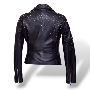 Women's Punk Black Brando Silver Studded Spiked Motorcycle Biker Leather Jacket - Picture 1 of 5