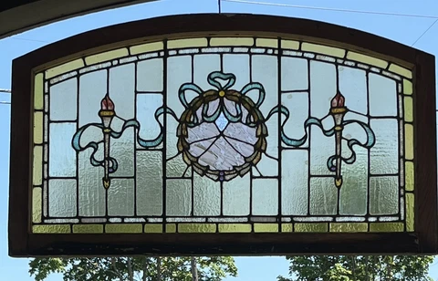 ANTIQUE STAINED LEADED ARCHED JEWELED MANSION WINDOW, early 1900s LONG ISLAND NY Cover