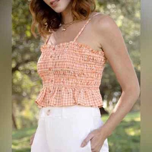 Neu mit Etikett Greylin orangefarbenes gerafftes Tanktop mit Gingham-Muster Größe Small - Bild 1 von 7