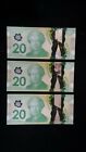 Set of Three 2012 New Sequential Unc Canadian Polymer $20 Banknotes