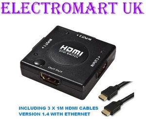 3 WAY HDMI SWITCH BOX SPLITTER AUTOMATIC MANUAL V1.4 WITH 3 X HDMI CABLES - Picture 1 of 1