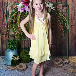 Girls Yellow Chiffon Party Dress w/ Satin Rosette – Easter, Wedding, NEW - Picture 1 of 6