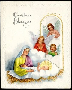 Vintage Christmas Card DIE-CUT Mother Mary Baby Jesus Angels Embossed Used  - Picture 1 of 2