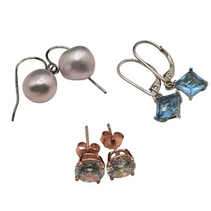 Basic Sterling Silber Ohrringe 3 Stück blau Glas klar CZ hellrosa Perle - Bild 1 von 4