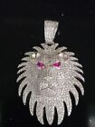 Sterling Silver Lion Head Pendant Clear Micro Pave Cz W Pink Saphire Eyes E3
