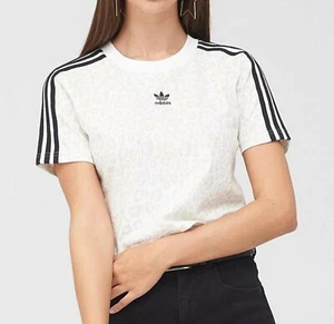 ADIDAS ORIGINALS LEOPARD PRINT CROPPED TOP 3 STRIPES TEE TSHIRT UK 16-20 NEW - Picture 1 of 4