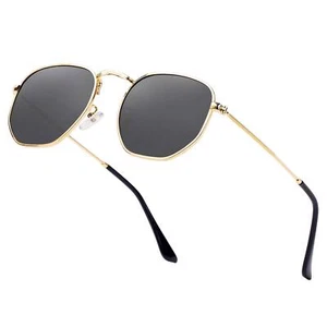 Hipster Hexagonal Polarized Sunglasses Men Women Geometric Square Small Metal - Picture 1 of 6