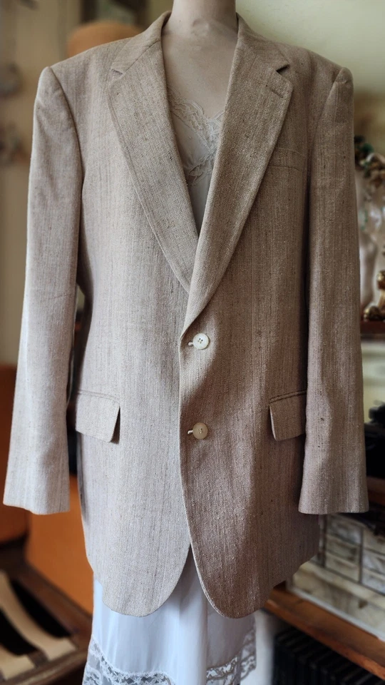 Jaqueta esportiva de seda bege espinha de peixe linho sob medida masculina terno vintage Coreia - Imagem 1 de 4
