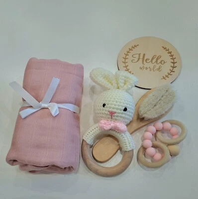 Set regalo nascita neonato "coniglio rosa" battesimo, baby shower - 5 pezzi - Immagine 1 di 4