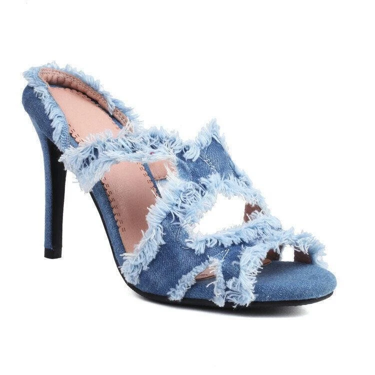 Zapatillas para mujer de tela de mezclilla de tacón alto punta abierta rasgadas informales moda mulas talla Foto 1 de 4