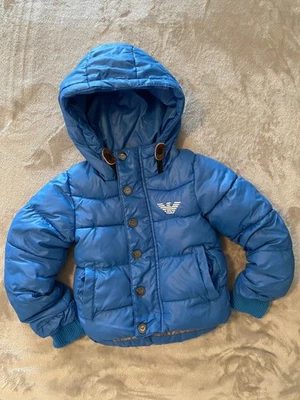 Giorgio Armani Jacket Boys Small Blue Down Puffer Hooded Made in Italy Logo - Image 1 of 4