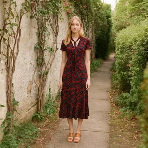 ModCloth Dress Women's XXS Tie Front Retro Floral Swing Valentine's Going Out - Picture 1 of 9