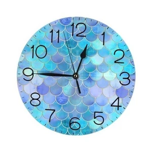 Round Mermaid Scale Wall Clock Ocean Animal Sea Beach Theme Teal Blue Purple - Picture 1 of 8