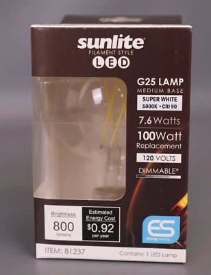 Sunlite G25/LED/FS/7.6W/950 7.6W LED Filament, G25 Bulb 5000K (PACK OF 6) - Image 1 of 4