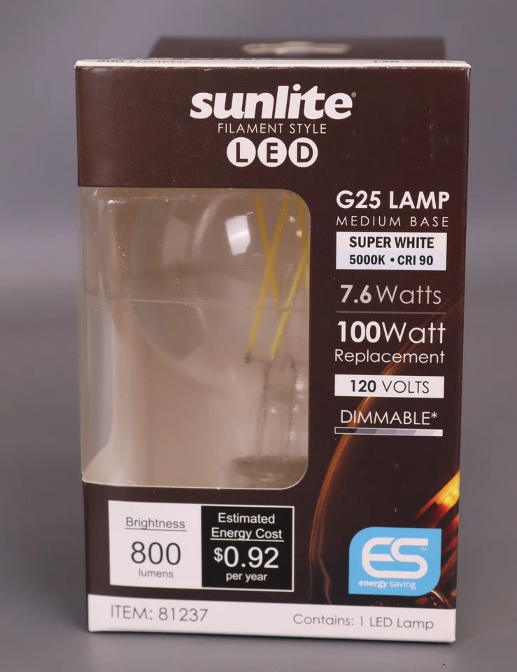 Sunlite G25/LED/FS/7.6W/950 7.6W LED Filament, G25 Bulb 5000K (PACK OF 6) - Image 1 of 4
