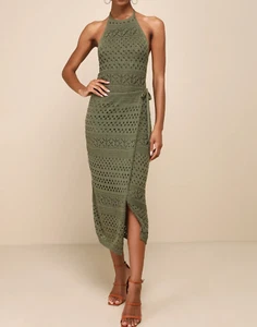 Lulus Blissful Strolls Olive Green Crochet Faux-Wrap Halter Midi Dress Sz S NWT - Picture 1 of 15