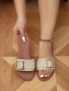 Women's Wide Fit Flat Sandals With Metal Design Buckle, Round Toe, Size 8 Wide - Picture 1 of 6